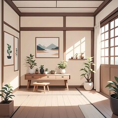 Serene Minimalist Japanese Room: Sunlit Plants and Tranquil Decor