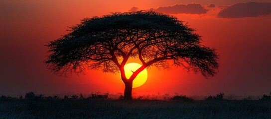Silhouette of a tree at sunset with vibrant orange sky.