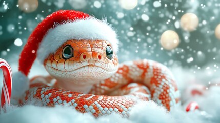 A cartoon-style snake with a cheerful expression wearing red Santa hat