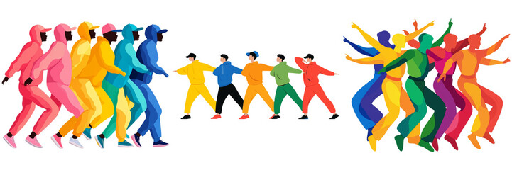 In Row Dance Run in Korea, A vibrant group of dancers in colorful outfits showcasing dynamic movements and energetic poses.