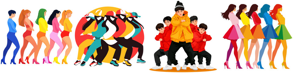 Obraz premium In Row Dance Run in Korea, A vibrant illustration featuring diverse dancers in colorful outfits, showcasing dynamic poses and energetic movement.