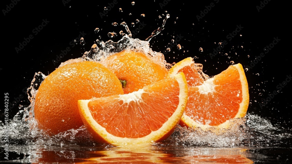 Poster oranges are artistically splashed in water against a black backdrop, creating a striking visual effe