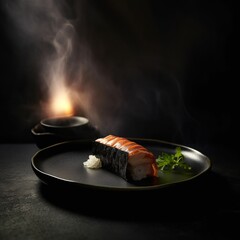Sushi sofisticado servido em um prato preto, com vapor sutil ao fundo e iluminação artística. Uma imagem que combina culinária japonesa com estética minimalista.
