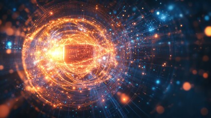 Abstract digital sphere with glowing energy lines and particles.