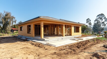 Under construction wooden house exterior.  Framing, foundation, and roofing in progress on a sunny day.