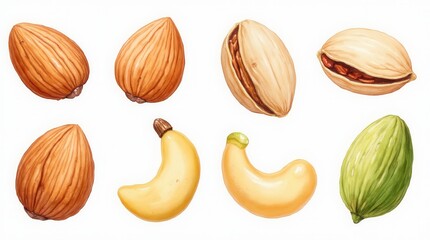 Fototapeta premium Almond, Pistachios, Cashew Nuts Set. Watercolor Nut Collection. Different Types Of Nut Isolated, Food