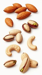 Obraz premium Almond, Pistachios, Cashew Nuts Set. Watercolor Nut Collection. Different Types Of Nut Isolated, Food