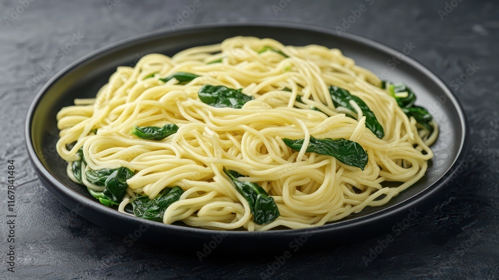 Poster fresh noodles with spinach on a plate on a black stone background created with generative ai