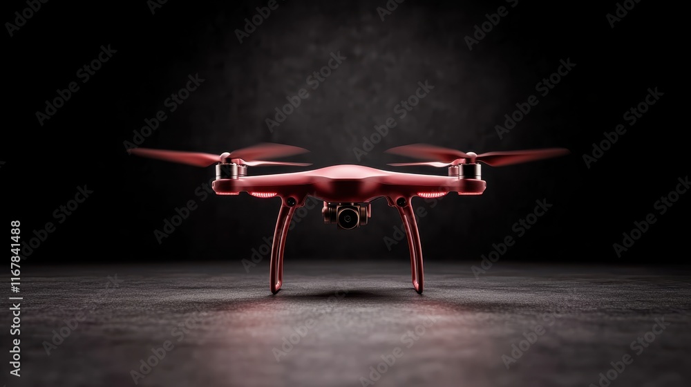 Poster a stunning red drone elegantly positioned with four spinning propellers and an attached camera, set 