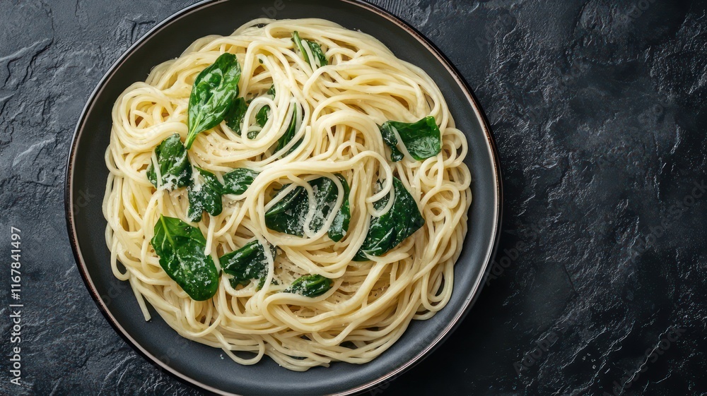Poster fresh noodles with spinach on a plate on a black stone background created with generative ai