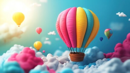 Naklejka premium Colorful hot air balloons float above fluffy clouds in a vibrant sky.
