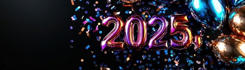 Vibrant New Year Display with Holographic Balloons and Colorful Confetti for Celebratory Atmosphere