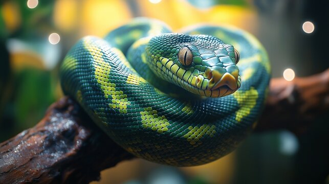A snake with shimmering green scales intricately coiling around tree branches, surrounded by leaves