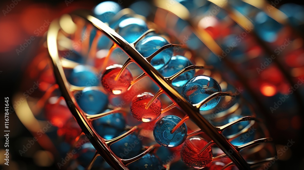 Poster abstract golden helix with red and blue gems: a microscopic view into science and innovation