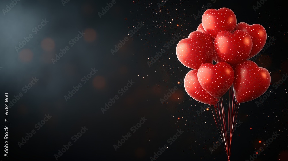 Poster a mesmerizing cluster of red heart-shaped balloons with a dotted pattern floats gracefully against a