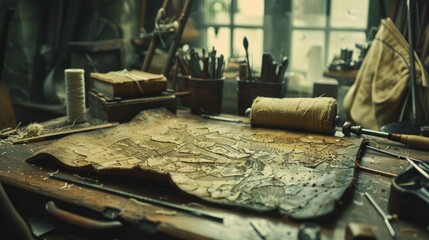 Craftsman's workshop table with leather, tools, and materials.