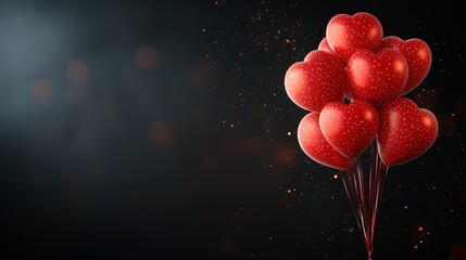 A mesmerizing cluster of red heart-shaped balloons with a dotted pattern floats gracefully against a mysterious dark background, symbolizing love and celebration.