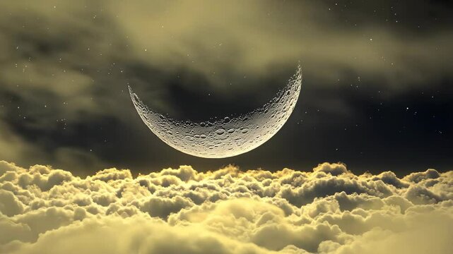 Crescent moon glowing above fluffy clouds at night during cloudy weather