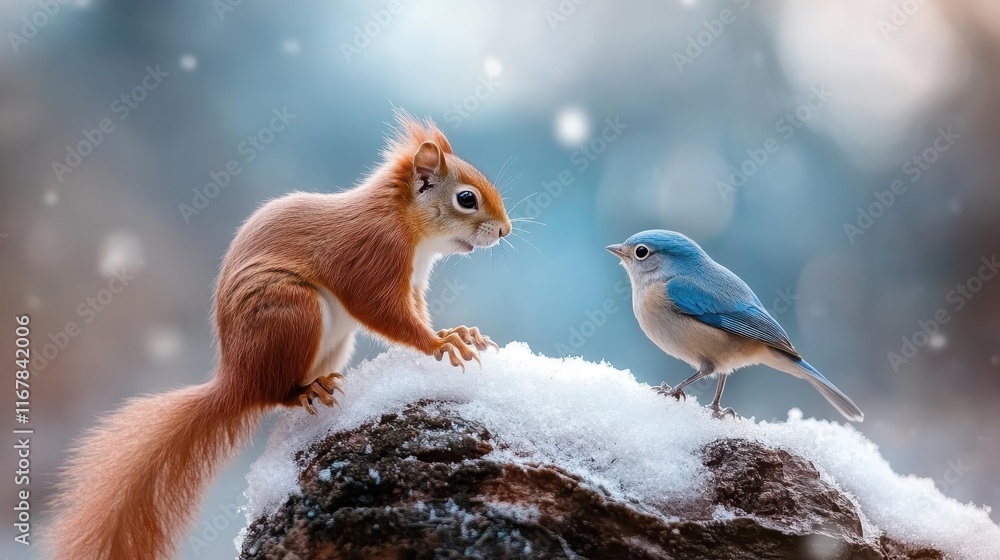 Poster this enchanting image portrays a whimsical interaction between a lively squirrel and a bluebird, set