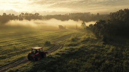 Fototapeta premium Misty sunrise over a farmland with a tractor working in the field.