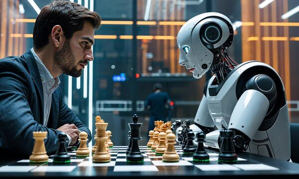  A human playing chess with a humanoid robot in a high-tech, futuristic room.
