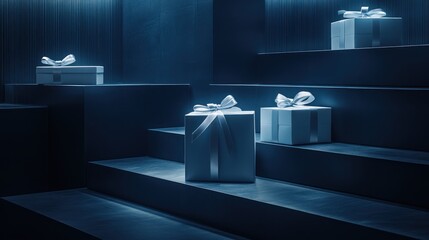 White gift boxes on tiered dark gray platform in dimly lit space.