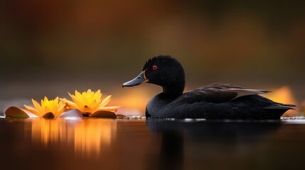 This captivating image showcases a duck swimming gracefully by vibrant water lilies, epitomizing the peace and beauty found in nature's waterways.