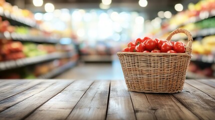 Fresh tomatoes in a wicker basket on a wooden table in a grocery store.