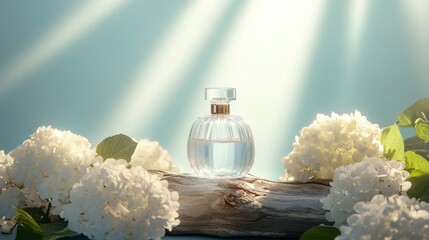 Perfume Bottle with White Flowers on Driftwood - Tranquil Beauty