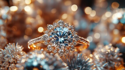 Sparkling diamond ring on festive background.