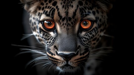 Obraz premium An intense close-up of a magnificent spotted leopard reveals its piercing orange eyes and marked features, highlighting its strength and beauty against a dark background.
