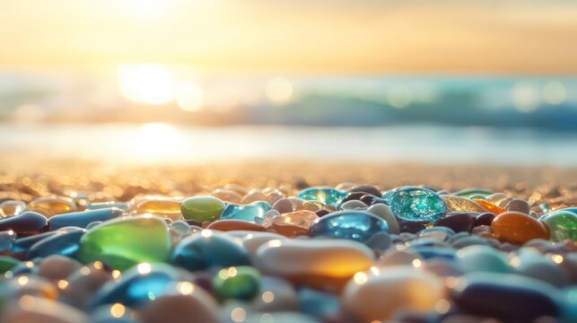 Colorful gemstones on a beach. Polish textured sea glass and stones on the seashore. Green, blue shiny glass with multi-colored sea pebbles close-up. Beach summer background.