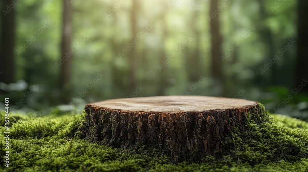 Poster a striking image of a forest log adorned with delicate ferns, illuminated by dappled sunlight, highl