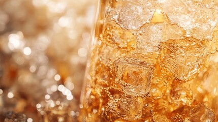 Iced brown soda drink with ice cubes close-up.