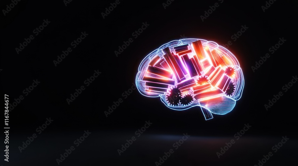 Poster a glowing brain composed of gears and circuits, symbolizing technology.