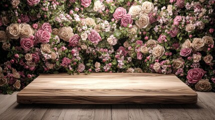 Beautiful wooden table with floral backdrop perfect for events or photography in a charming setting