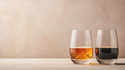 Featuring two stylish glasses with amber and dark liquids, this image emphasizes the interplay between colors, creating a visually striking and inviting scene.