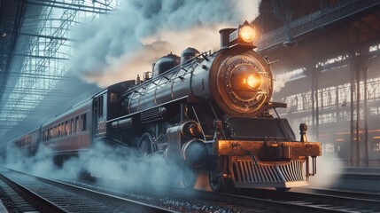 Obraz premium Vintage steam locomotive departing station.