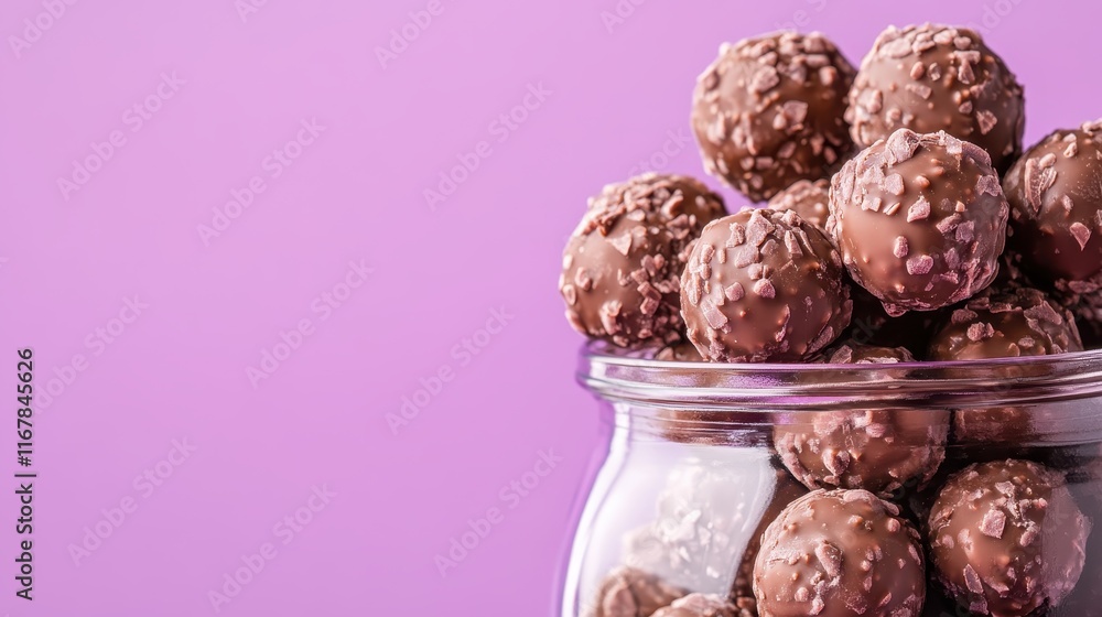 Poster a visually striking stack of chocolate truffles gracefully positioned in a glass container, creating