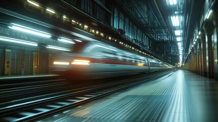 High-speed train speeding through modern railway station at night.