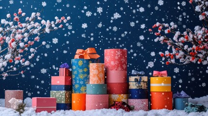 Colorful gift boxes stacked on snow with winter branches and falling snowflakes.
