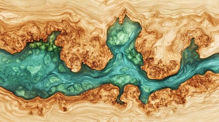 Beautiful abstract art piece showcasing flowing blue and green patterns on wooden surface