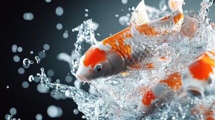 A captivating scene of koi fish splashing in clear water, perfectly embodying the beauty of life and joy in nature, while showcasing artistic motion captured in tranquility.
