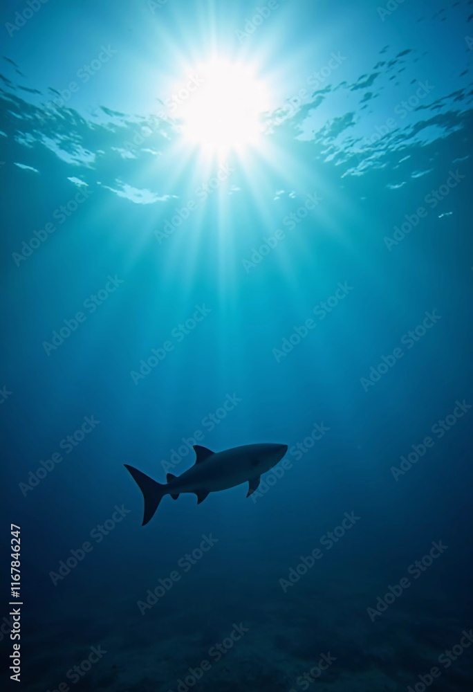 Poster Light filters through the surface of the deep blue sea, creating a serene atmosphere with vibrant rays reaching down into the water's depths during the day. Generative AI