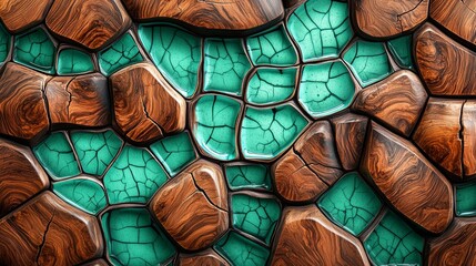 Colorful textured surface combining brown wood and turquoise cracked stones for artistic design