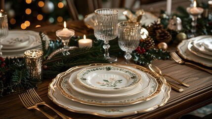 Fototapeta premium Festive Christmas table setting with candles, plates, and greenery.