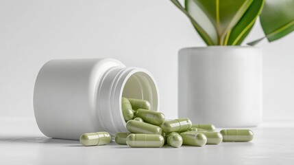 Green capsules spill from a white bottle beside a plant, illustrating health and wellness at home