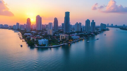 Aerial cityscape view of Miami skyline at sunset over water with boats.