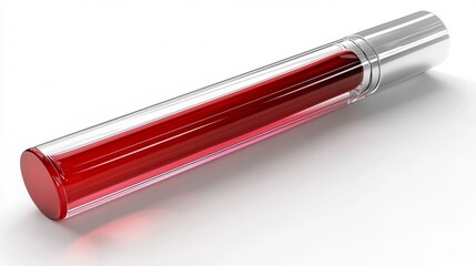 Red liquid filled tube with a sleek silver cap seen on a white background