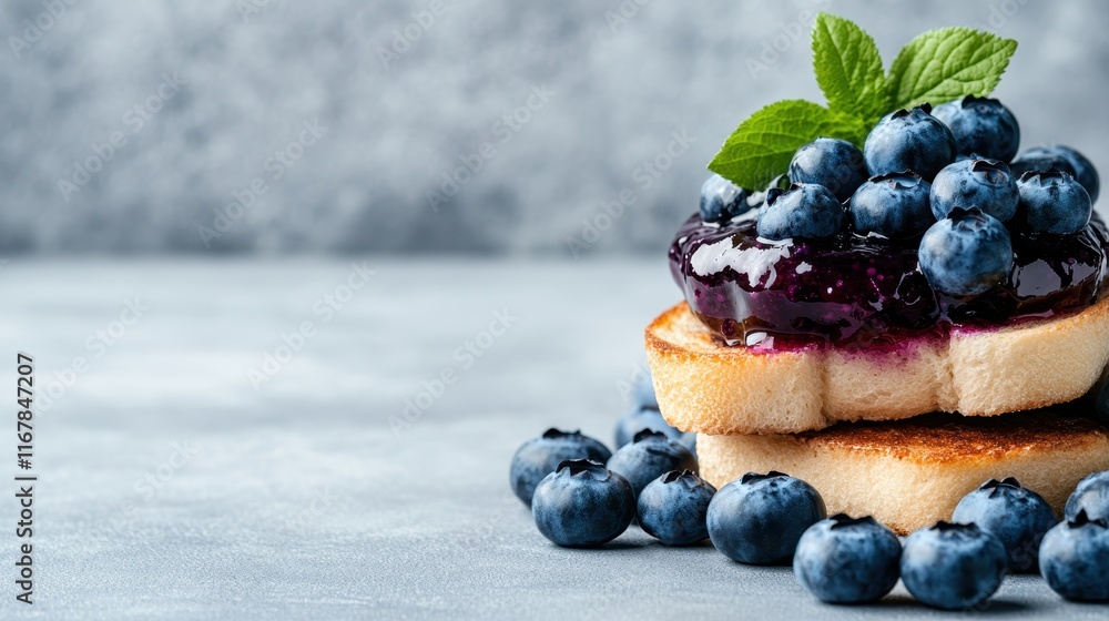 Poster this appetizing image showcases a slice of toasted bread generously topped with rich blueberry jam a